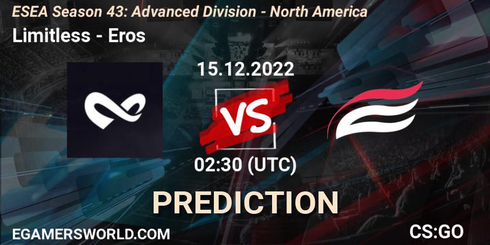 Limitless vs Eros: Match Prediction. 15.12.2022 at 02:30, Counter-Strike (CS2), ESEA Season 43: Advanced Division - North America