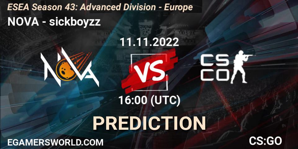NOVA vs sickboyzz: Match Prediction. 11.11.2022 at 16:00, Counter-Strike (CS2), ESEA Season 43: Advanced Division - Europe