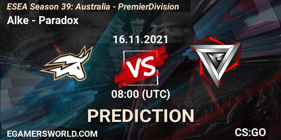 Alke vs Paradox: Match Prediction. 16.11.2021 at 08:00, Counter-Strike (CS2), ESEA Season 39: Australia - Premier Division