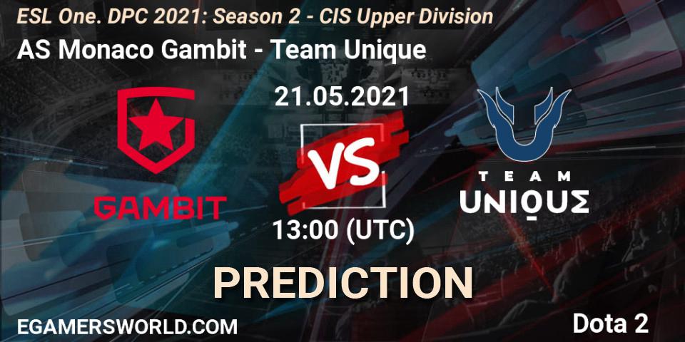 AS Monaco Gambit vs Team Unique: Match Prediction. 21.05.2021 at 12:56, Dota 2, ESL One. DPC 2021: Season 2 - CIS Upper Division