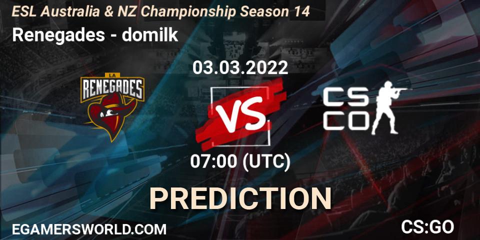 Renegades vs DoMilk: Match Prediction. 03.03.2022 at 07:00, Counter-Strike (CS2), ESL ANZ Champs Season 14