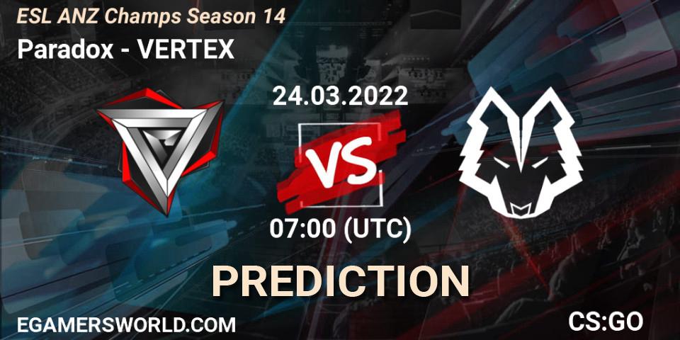 Paradox vs VERTEX: Match Prediction. 24.03.2022 at 07:00, Counter-Strike (CS2), ESL ANZ Champs Season 14