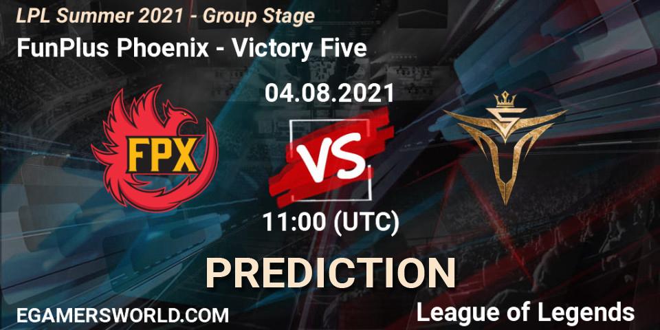 FunPlus Phoenix vs Victory Five: Match Prediction. 04.08.2021 at 11:00, LoL, LPL Summer 2021 - Group Stage