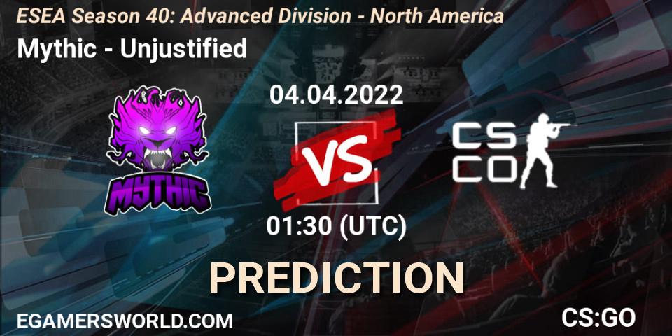 Mythic vs Unjustified: Match Prediction. 04.04.2022 at 00:00, Counter-Strike (CS2), ESEA Season 40: Advanced Division - North America