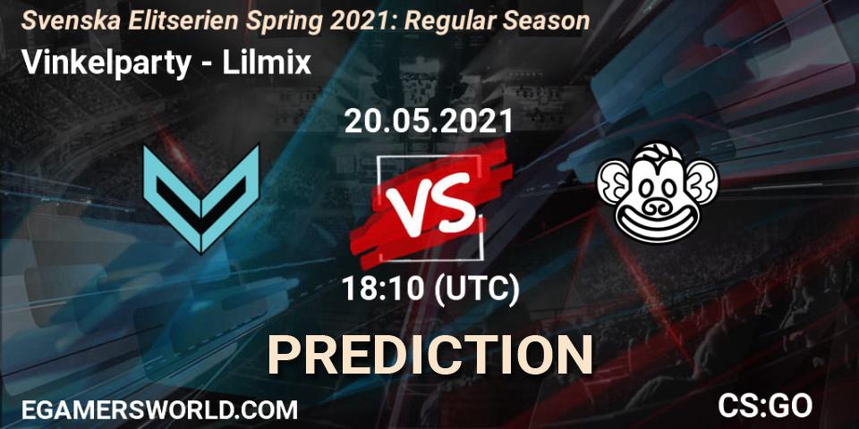 Vinkelparty vs Lilmix: Match Prediction. 20.05.2021 at 18:10, Counter-Strike (CS2), Svenska Elitserien Spring 2021: Regular Season