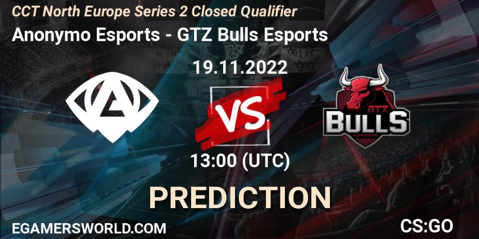 Anonymo Esports vs GTZ Bulls Esports: Match Prediction. 19.11.22, CS2 (CS:GO), CCT North Europe Series 2 Closed Qualifier