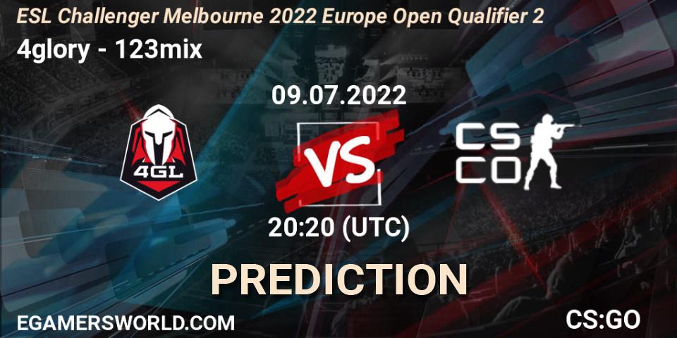 4glory vs 123mix: Match Prediction. 09.07.2022 at 20:20, Counter-Strike (CS2), ESL Challenger Melbourne 2022 Europe Open Qualifier 2