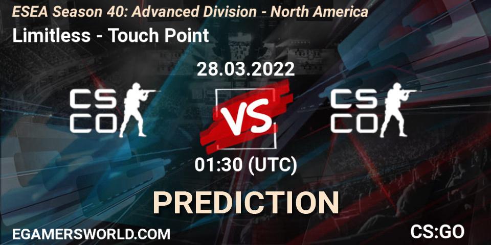 Limitless vs Touch Point: Match Prediction. 27.03.2022 at 23:20, Counter-Strike (CS2), ESEA Season 40: Advanced Division - North America