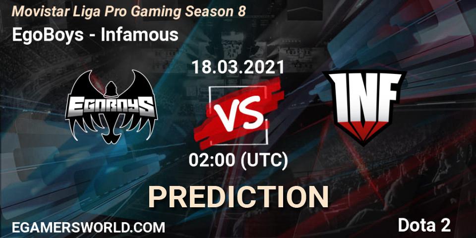 EgoBoys vs Infamous: Match Prediction. 18.03.2021 at 02:21, Dota 2, Movistar Liga Pro Gaming Season 8