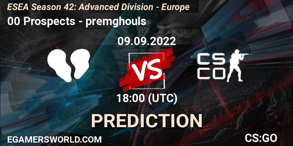 00 Prospects vs premghouls: Match Prediction. 09.09.2022 at 18:00, Counter-Strike (CS2), ESEA Season 42: Advanced Division - Europe