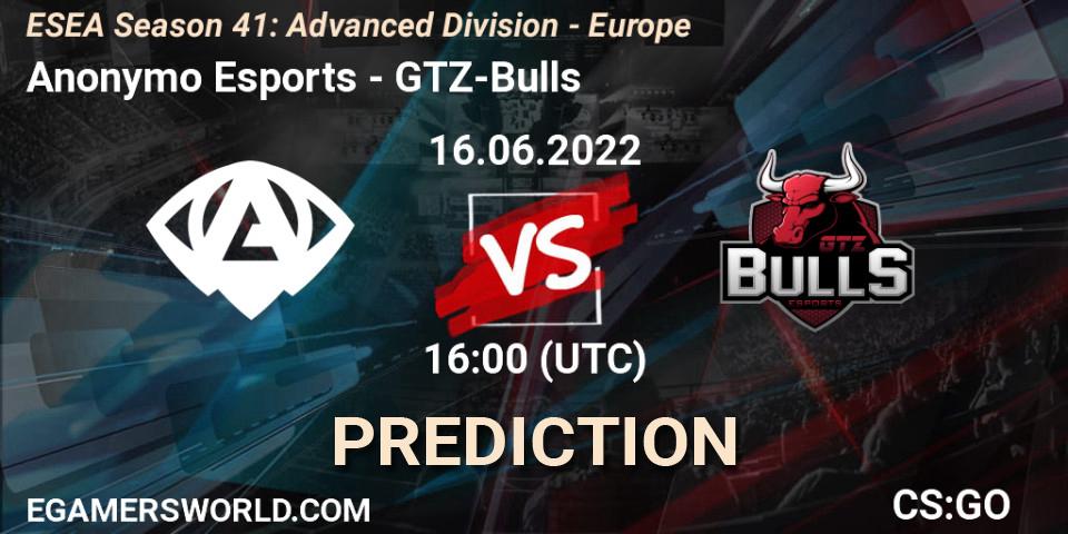 Anonymo Esports vs GTZ-Bulls: Match Prediction. 16.06.22, CS2 (CS:GO), ESEA Season 41: Advanced Division - Europe