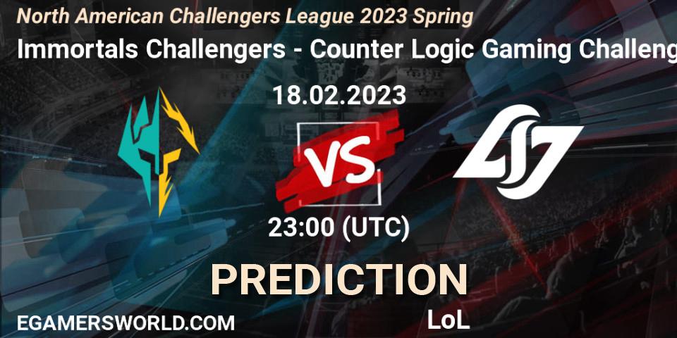 Immortals Challengers vs Counter Logic Gaming Challengers: Match Prediction. 18.02.23, LoL, NACL 2023 Spring - Group Stage