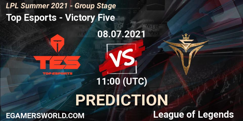 Top Esports vs Victory Five: Match Prediction. 08.07.2021 at 11:00, LoL, LPL Summer 2021 - Group Stage