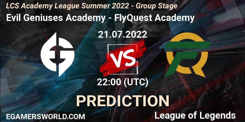 Evil Geniuses Academy vs FlyQuest Academy: Match Prediction. 21.07.2022 at 22:00, LoL, LCS Academy League Summer 2022 - Group Stage