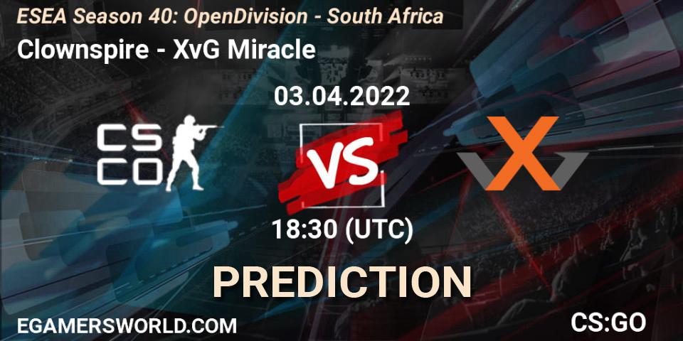 Clownspire vs XvG Miracle: Match Prediction. 03.04.2022 at 18:30, Counter-Strike (CS2), ESEA Season 40: Open Division - South Africa