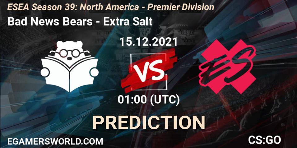 Bad News Bears vs Extra Salt: Match Prediction. 15.12.2021 at 01:00, Counter-Strike (CS2), ESEA Season 39: North America - Premier Division