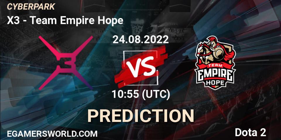 X3 vs Team Empire Hope: Match Prediction. 24.08.2022 at 10:55, Dota 2, CYBERPARK