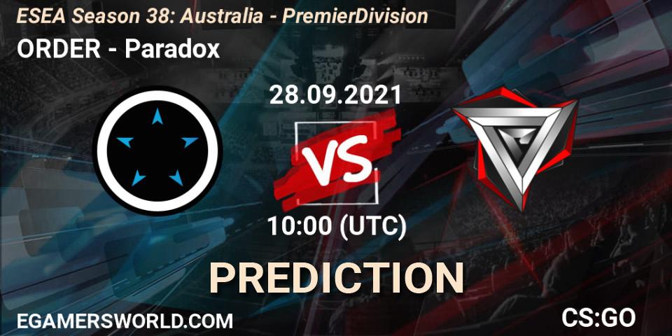 ORDER vs Paradox: Match Prediction. 13.10.2021 at 09:00, Counter-Strike (CS2), ESEA Season 38: Australia - Premier Division
