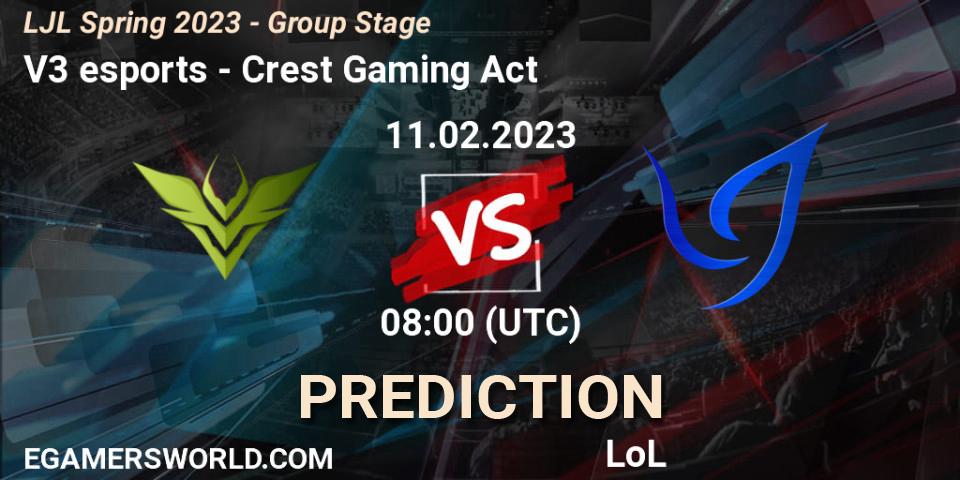 V3 esports vs Crest Gaming Act: Match Prediction. 11.02.2023 at 08:00, LoL, LJL Spring 2023 - Group Stage