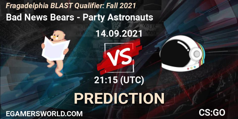 Bad News Bears vs Party Astronauts: Match Prediction. 14.09.2021 at 21:15, Counter-Strike (CS2), Fragadelphia BLAST Qualifier: Fall 2021