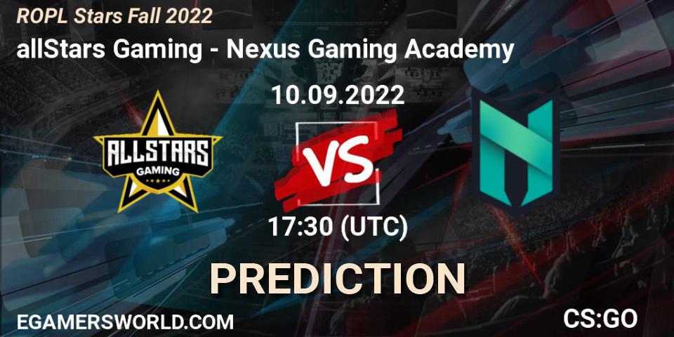 allStars Gaming vs Nexus Gaming Academy: Match Prediction. 10.09.2022 at 17:30, Counter-Strike (CS2), ROPL Stars Fall 2022