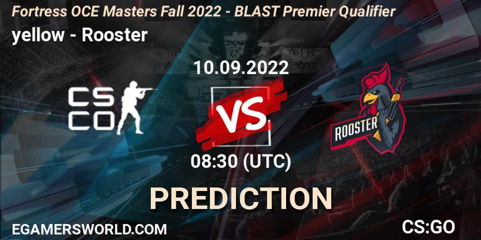 yellow vs Rooster: Match Prediction. 10.09.2022 at 08:30, Counter-Strike (CS2), Fortress OCE Masters Fall 2022 - BLAST Premier Qualifier