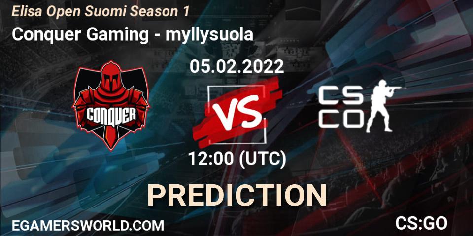 Conquer vs myllysuola: Match Prediction. 05.02.2022 at 12:00, Counter-Strike (CS2), Elisa Open Suomi Season 1