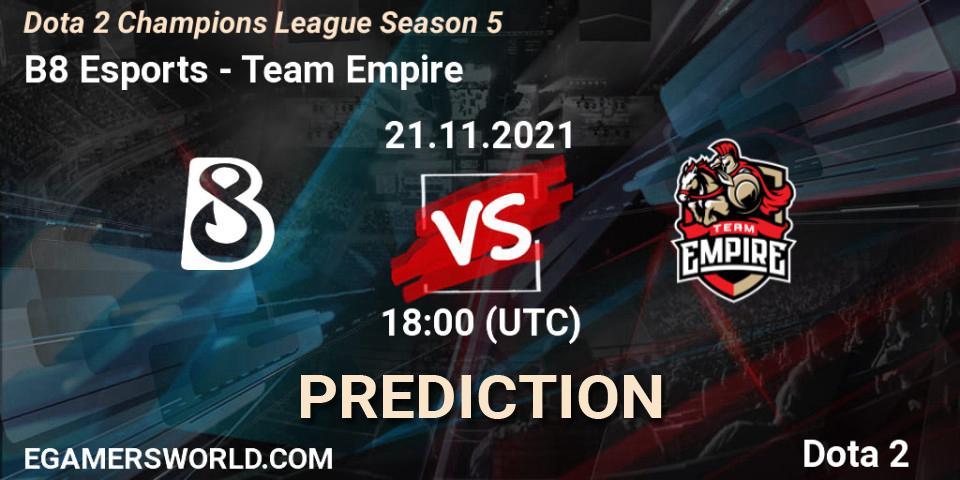 B8 Esports vs Team Empire: Match Prediction. 21.11.2021 at 18:01, Dota 2, Dota 2 Champions League 2021 Season 5
