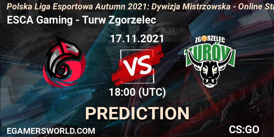 ESCA Gaming vs Turów Zgorzelec: Match Prediction. 17.11.2021 at 18:00, Counter-Strike (CS2), Polska Liga Esportowa Autumn 2021: Dywizja Mistrzowska - Online Stage