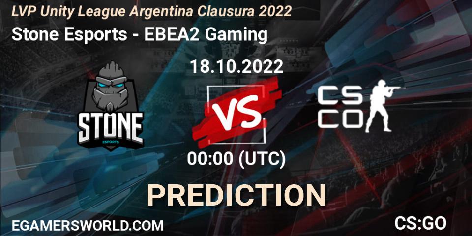Stone Esports vs EBEA2 Gaming: Match Prediction. 18.10.2022 at 01:00, Counter-Strike (CS2), LVP Unity League Argentina Clausura 2022