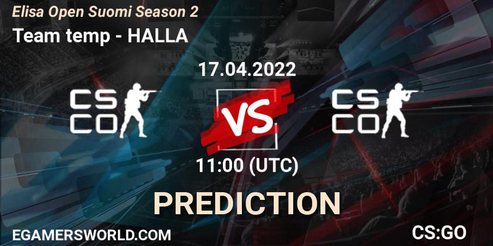 Team temp vs HALLA: Match Prediction. 17.04.2022 at 11:00, Counter-Strike (CS2), Elisa Open Suomi Season 2