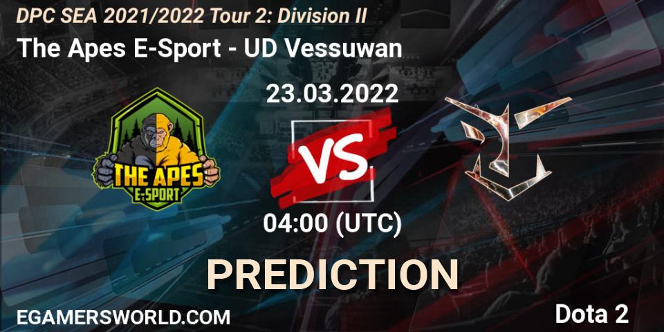 The Apes E-Sport vs UD Vessuwan: Match Prediction. 23.03.2022 at 04:00, Dota 2, DPC 2021/2022 Tour 2: SEA Division II (Lower)