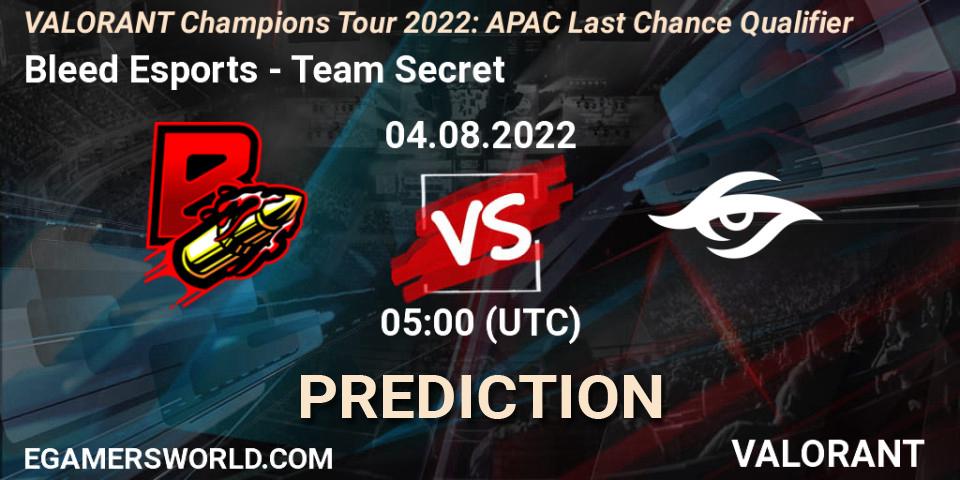 Bleed Esports vs Team Secret: Match Prediction. 04.08.2022 at 05:00, VALORANT, VCT 2022: APAC Last Chance Qualifier