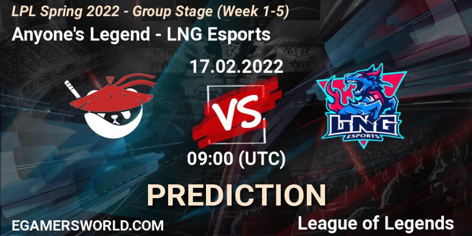 Anyone's Legend vs LNG Esports: Match Prediction. 17.02.22, LoL, LPL Spring 2022 - Group Stage (Week 1-5)