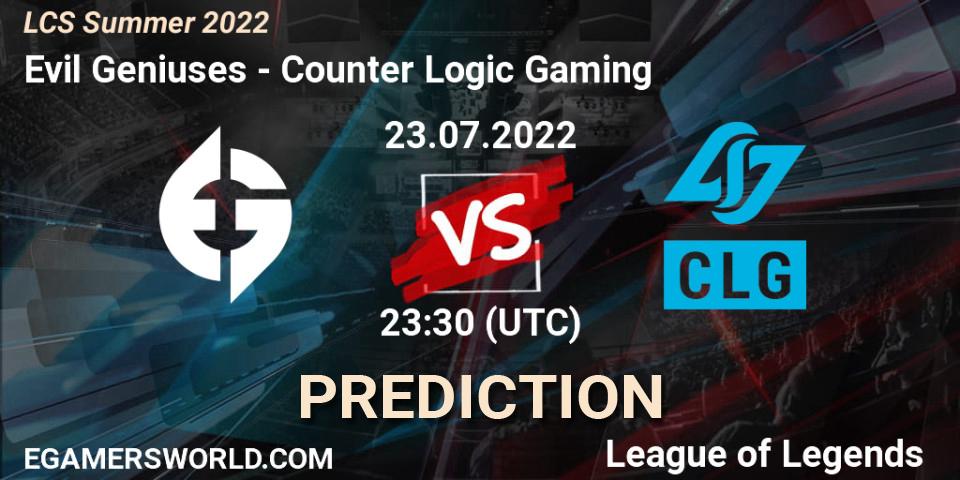 Evil Geniuses vs Counter Logic Gaming: Match Prediction. 23.07.22, LoL, LCS Summer 2022