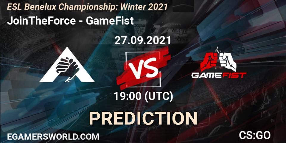 JoinTheForce vs GameFist: Match Prediction. 27.09.2021 at 19:30, Counter-Strike (CS2), ESL Benelux Championship: Winter 2021