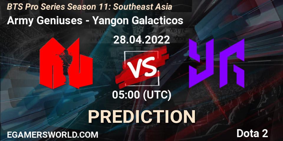 Army Geniuses vs Yangon Galacticos: Match Prediction. 28.04.2022 at 05:00, Dota 2, BTS Pro Series Season 11: Southeast Asia