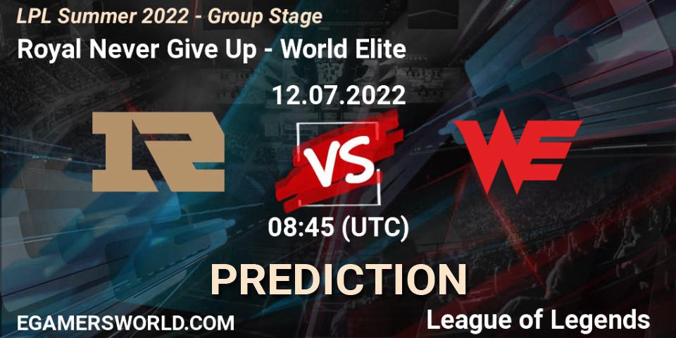 Royal Never Give Up vs World Elite: Match Prediction. 12.07.22, LoL, LPL Summer 2022 - Group Stage