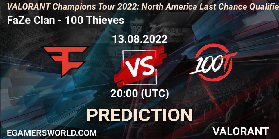 FaZe Clan vs 100 Thieves: Match Prediction. 13.08.2022 at 20:10, VALORANT, VCT 2022: North America Last Chance Qualifier