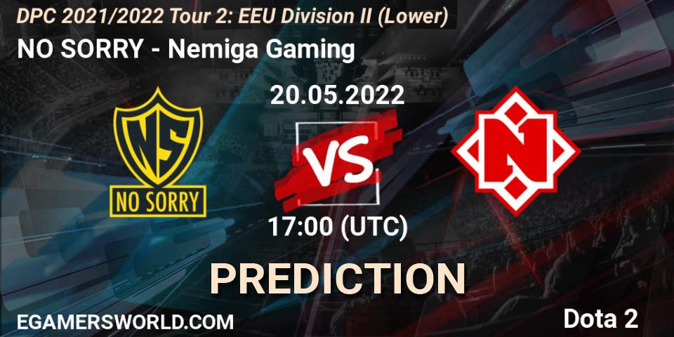 NO SORRY vs Nemiga Gaming: Match Prediction. 20.05.2022 at 16:59, Dota 2, DPC 2021/2022 Tour 2: EEU Division II (Lower)