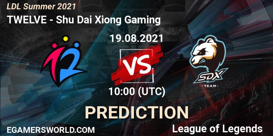 TWELVE vs Shu Dai Xiong Gaming: Match Prediction. 19.08.2021 at 11:30, LoL, LDL Summer 2021