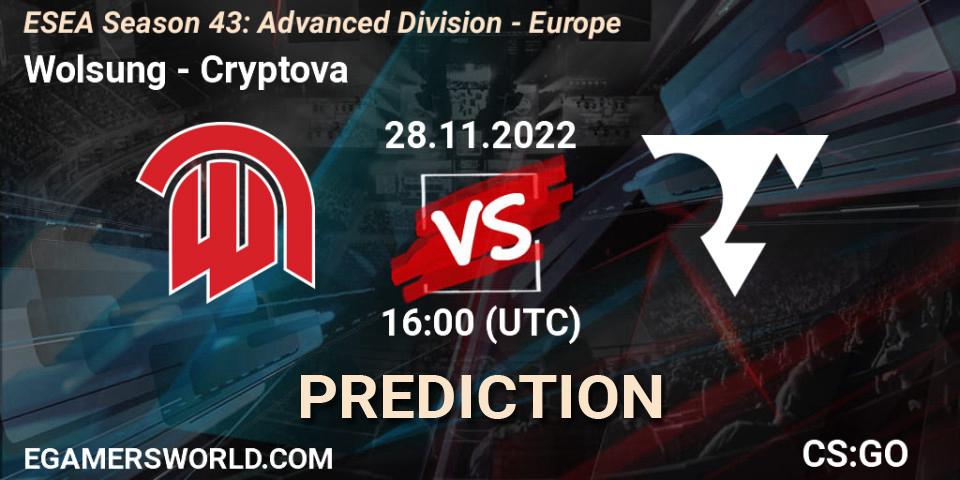Wolsung vs Cryptova: Match Prediction. 28.11.22, CS2 (CS:GO), ESEA Season 43: Advanced Division - Europe