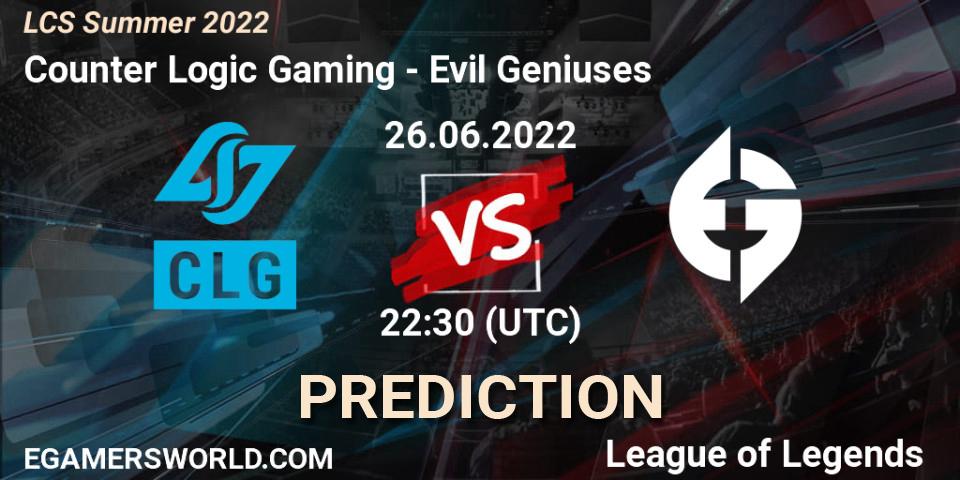 Counter Logic Gaming vs Evil Geniuses: Match Prediction. 26.06.22, LoL, LCS Summer 2022