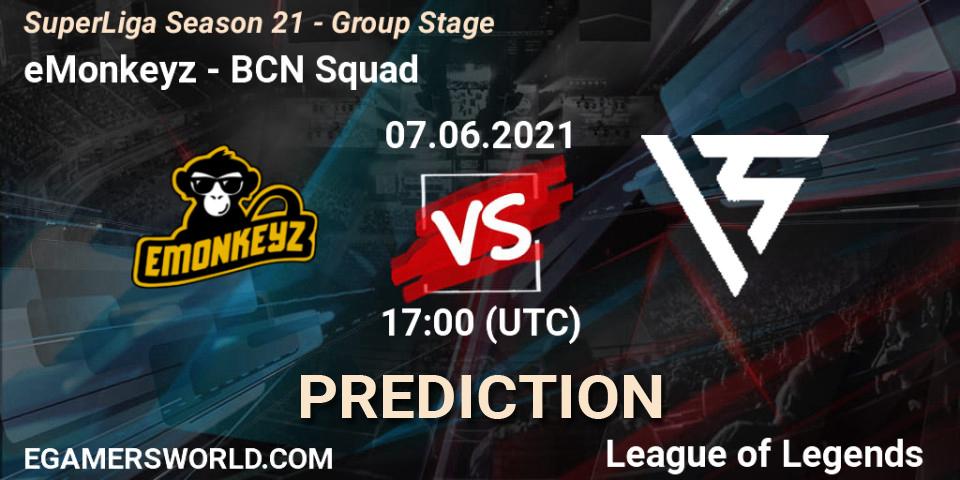 eMonkeyz vs BCN Squad: Match Prediction. 07.06.2021 at 17:00, LoL, SuperLiga Season 21 - Group Stage 