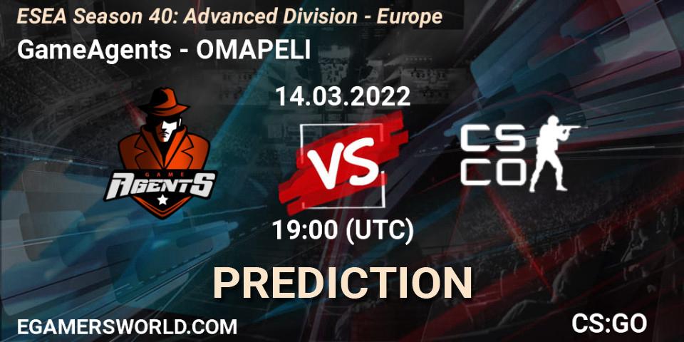 GameAgents vs OMAPELI: Match Prediction. 14.03.2022 at 19:00, Counter-Strike (CS2), ESEA Season 40: Advanced Division - Europe