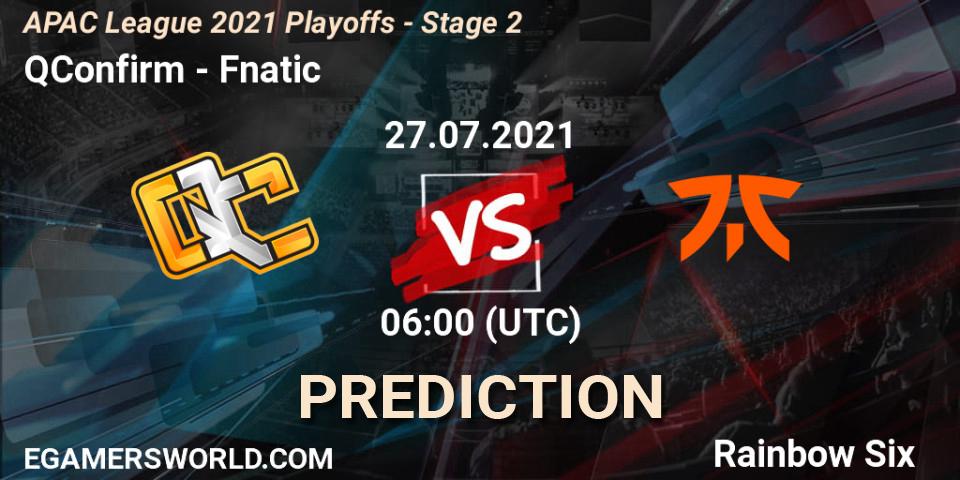 QConfirm vs Fnatic: Match Prediction. 27.07.2021 at 06:00, Rainbow Six, APAC League 2021 Playoffs - Stage 2