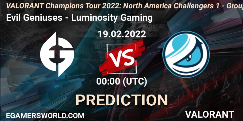 Evil Geniuses vs Luminosity Gaming: Match Prediction. 19.02.2022 at 00:30, VALORANT, VCT 2022: North America Challengers 1 - Group Stage