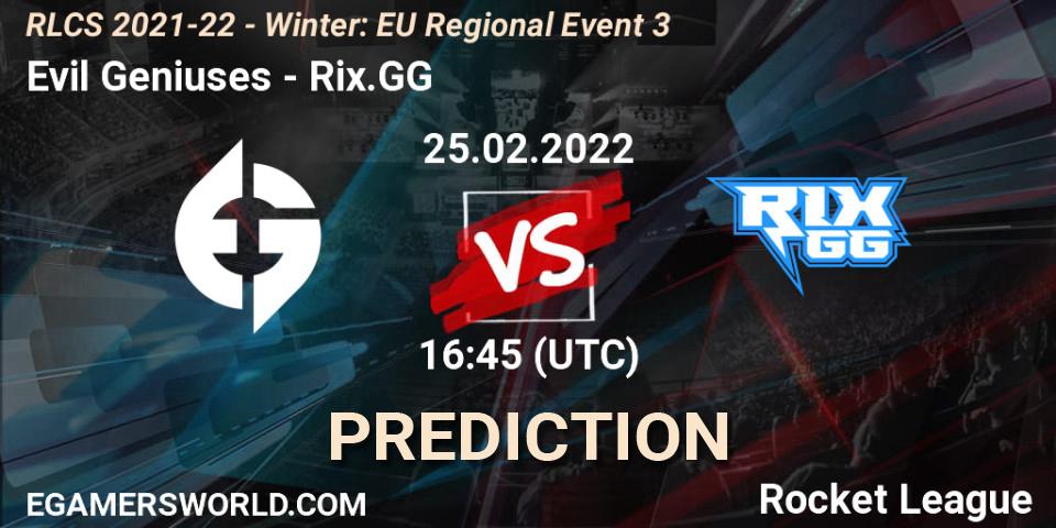 Evil Geniuses vs Rix.GG: Match Prediction. 25.02.2022 at 16:45, Rocket League, RLCS 2021-22 - Winter: EU Regional Event 3
