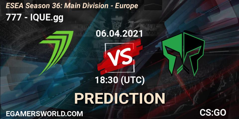 777 vs IQUE.gg: Match Prediction. 05.04.2021 at 16:00, Counter-Strike (CS2), ESEA Season 36: Main Division - Europe