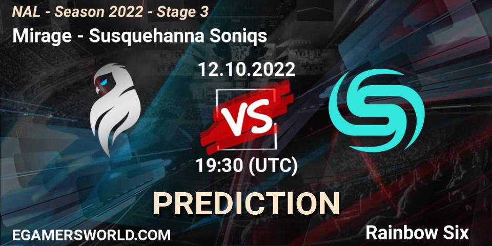 Mirage vs Susquehanna Soniqs: Match Prediction. 12.10.2022 at 19:30, Rainbow Six, NAL - Season 2022 - Stage 3